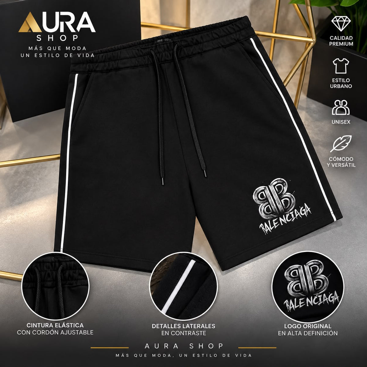 Pantaloneta Negra BALENCIA Logo Streetwear