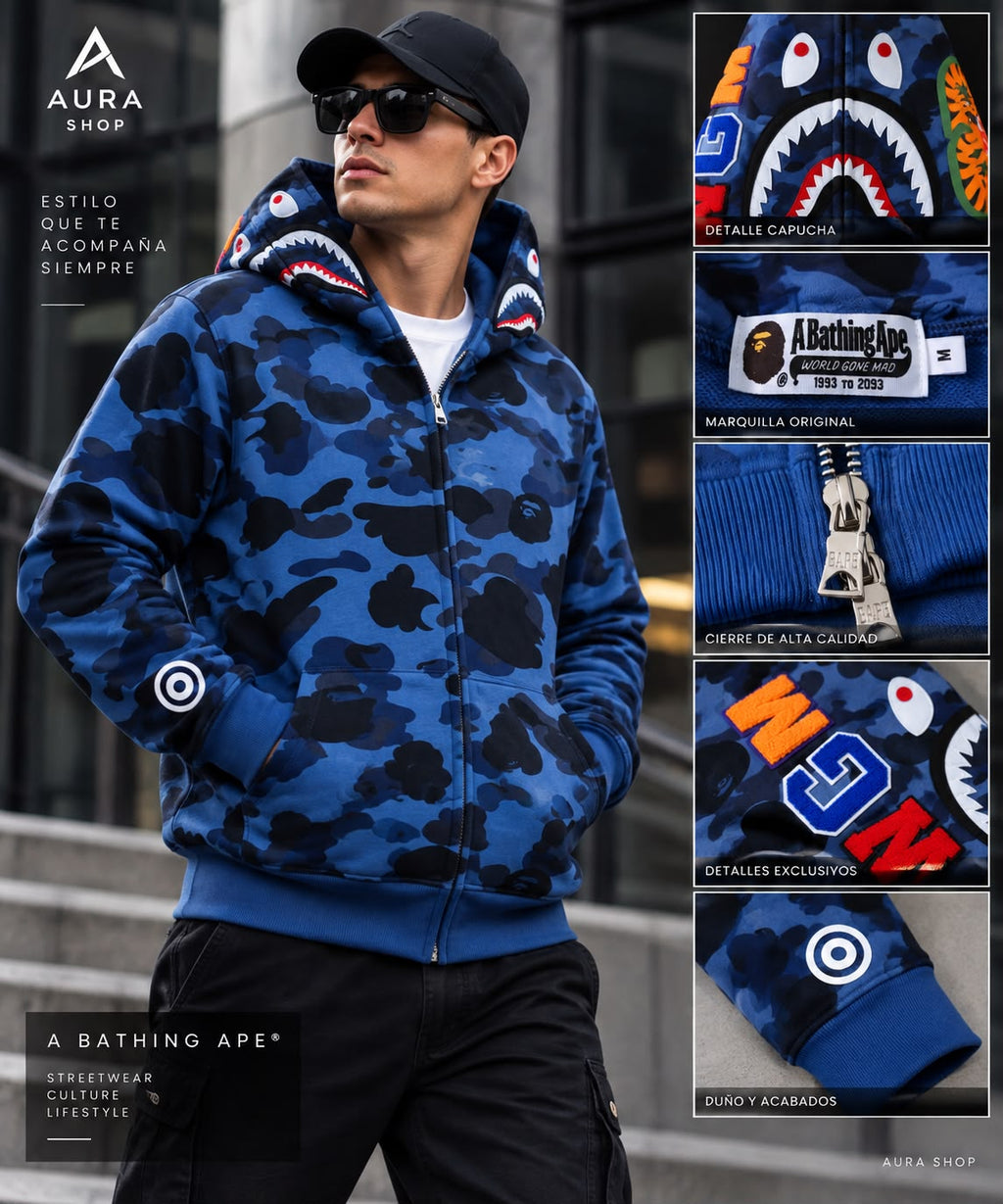BAPE Color Camo Tiger Shark Wide Full Zip Double Hoodie – Navy
