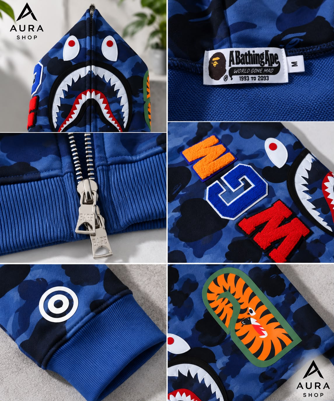 BAPE Color Camo Tiger Shark Wide Full Zip Double Hoodie – Navy