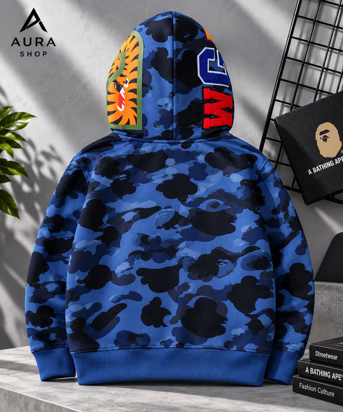 BAPE Color Camo Tiger Shark Wide Full Zip Double Hoodie – Navy