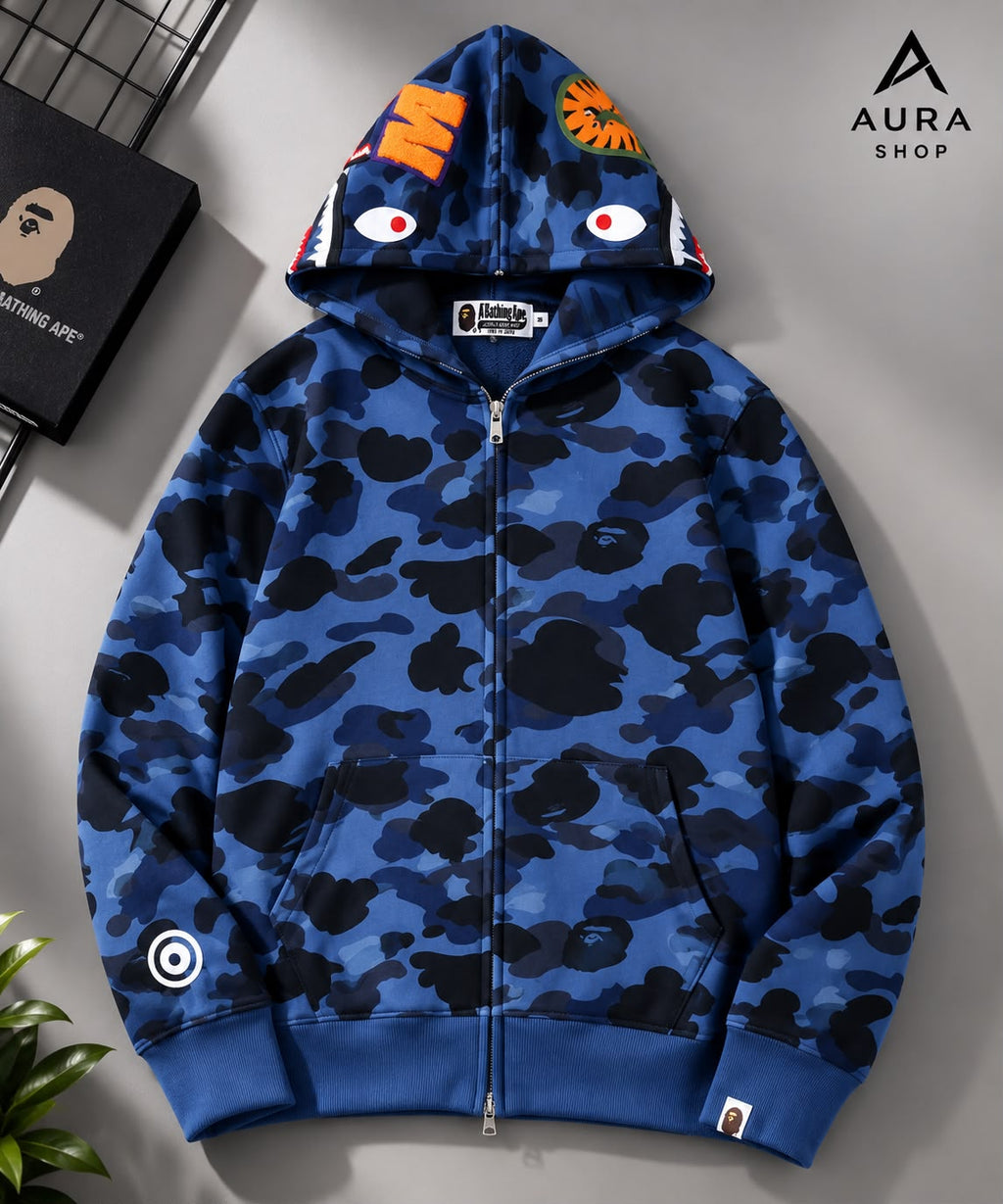BAPE Color Camo Tiger Shark Wide Full Zip Double Hoodie – Navy