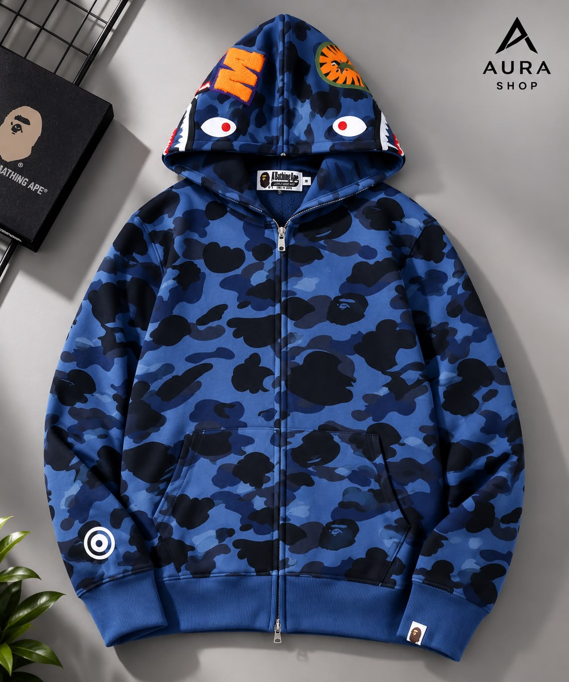 BAPE Color Camo Tiger Shark Wide Full Zip Double Hoodie – Navy