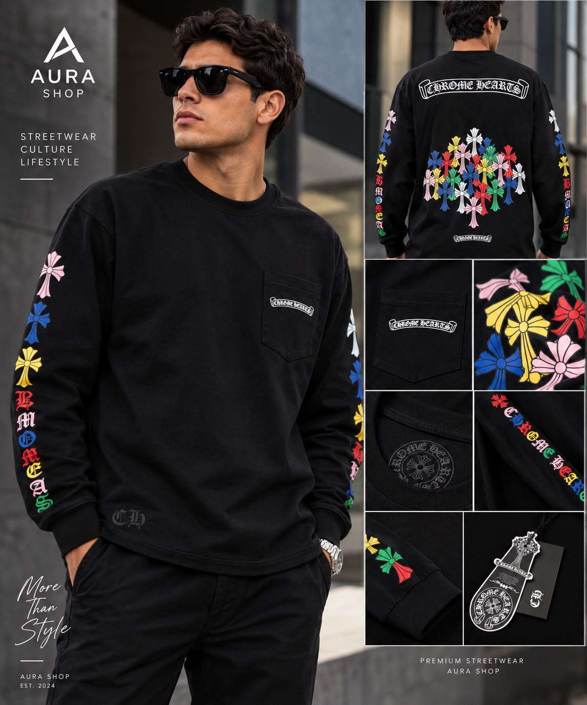 Chrome Hearts Multi Color Cross Cemetery Long Sleeve T-Shirt – Black