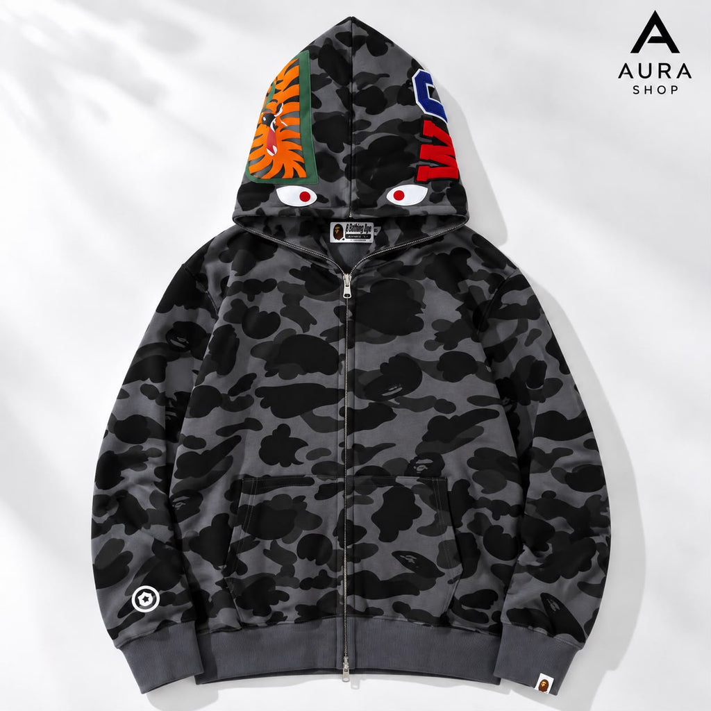 BAPE Color Camo Tiger Shark Wide Full Zip Double Hoodie – Black