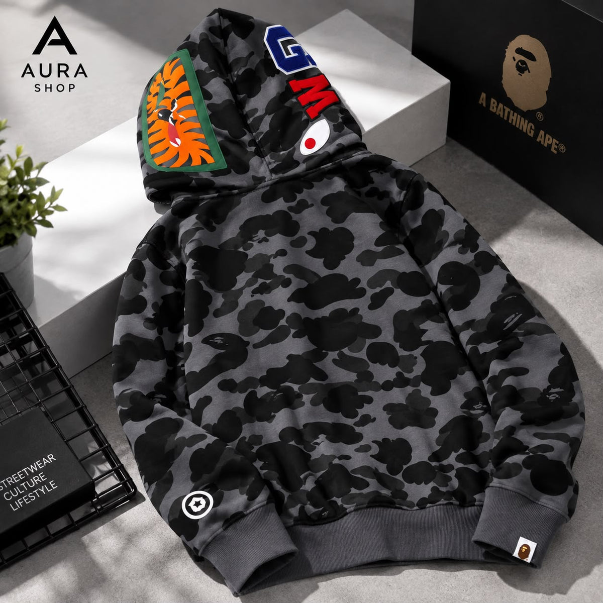 BAPE Color Camo Tiger Shark Wide Full Zip Double Hoodie – Black