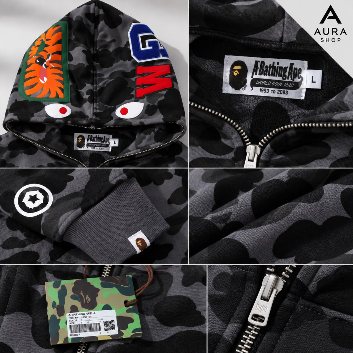 BAPE Color Camo Tiger Shark Wide Full Zip Double Hoodie – Black