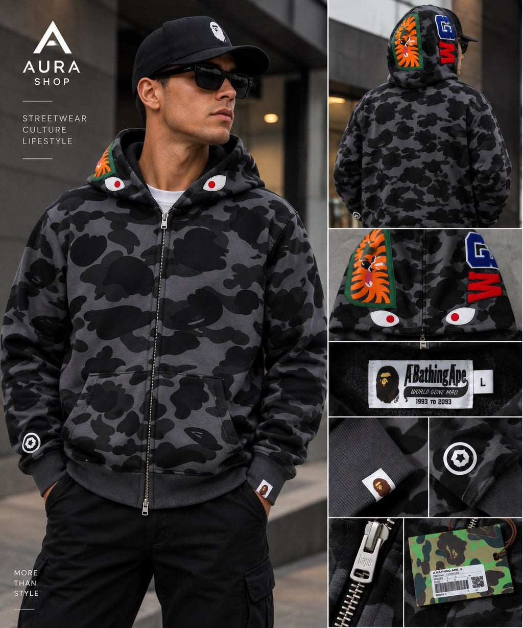 BAPE Color Camo Tiger Shark Wide Full Zip Double Hoodie – Black