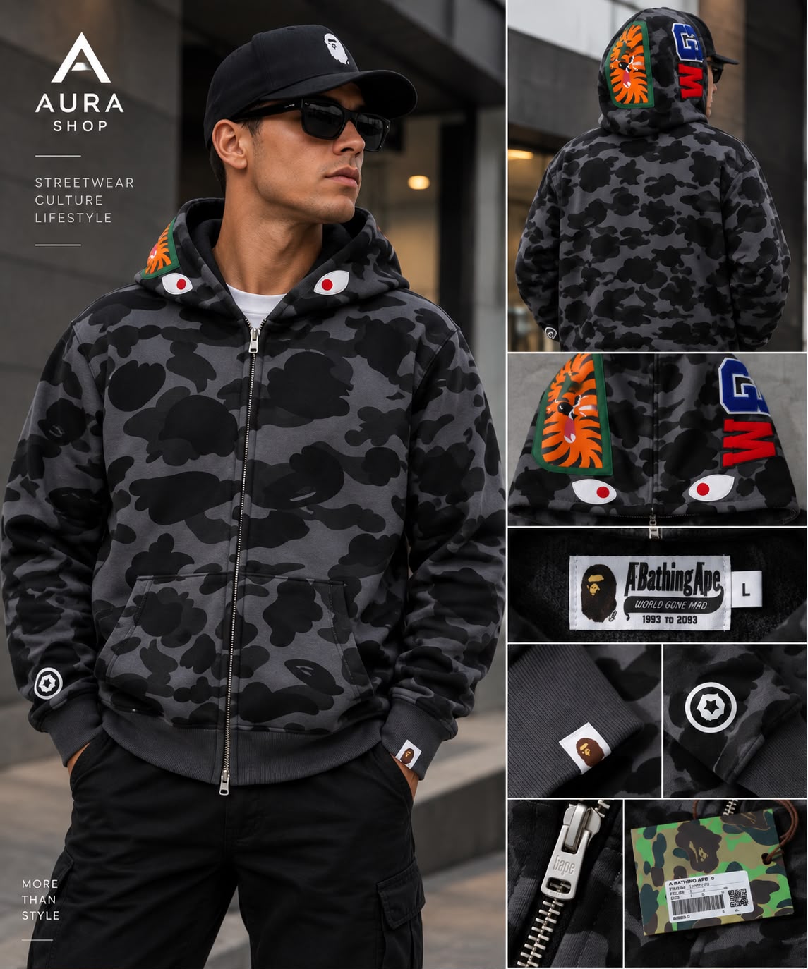 BAPE Color Camo Tiger Shark Wide Full Zip Double Hoodie – Black