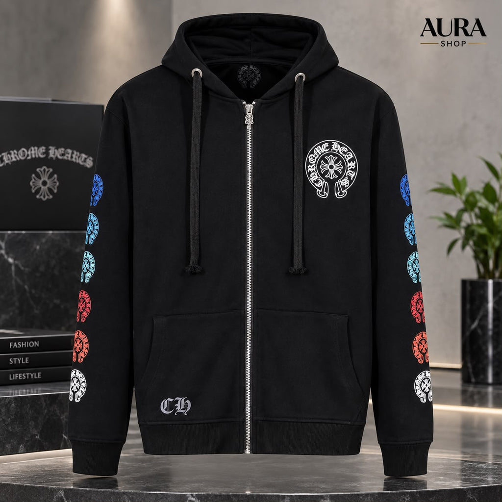 Chrome Hearts Multicolor Sleeve Logo Horseshoe Zip Hoodie – Black