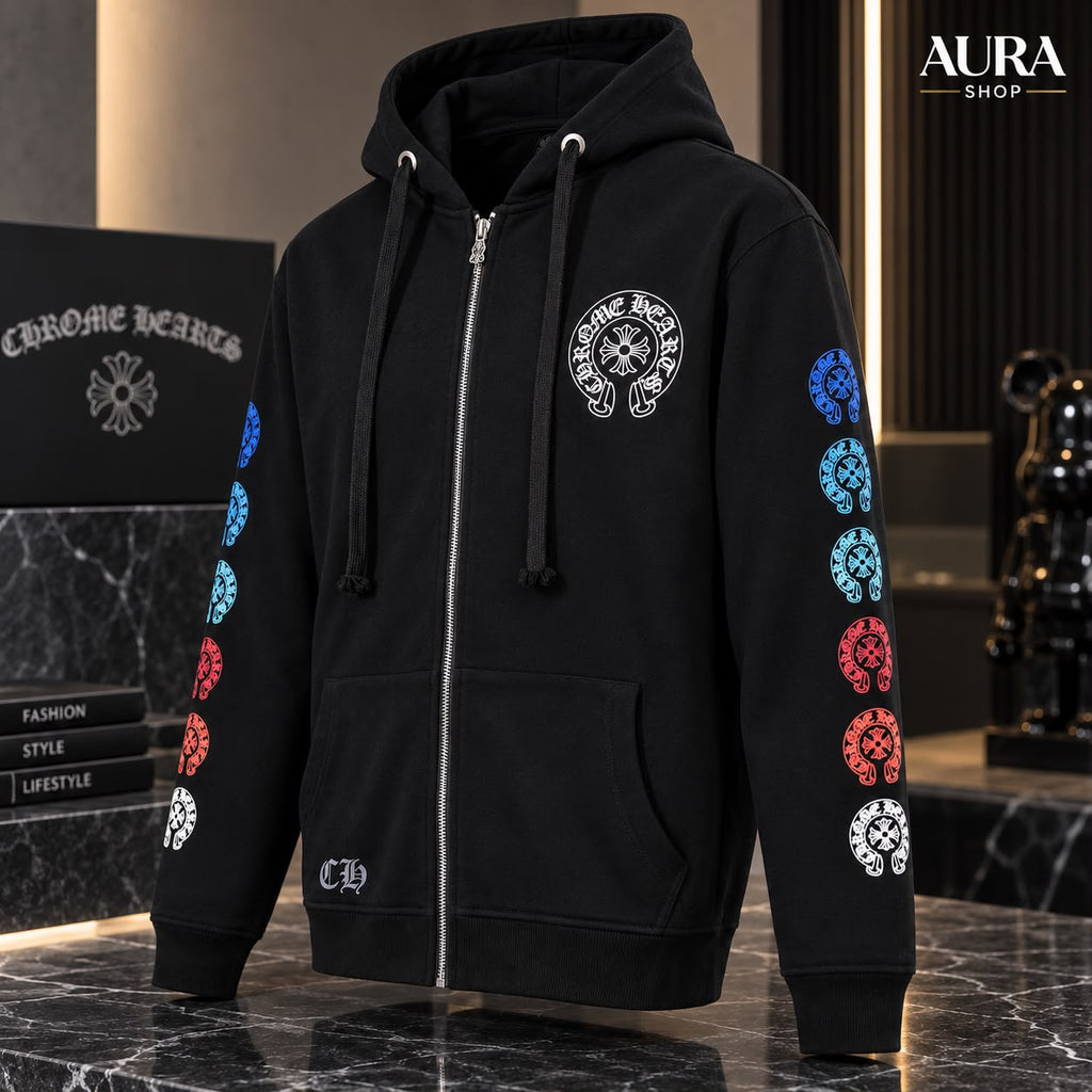 Chrome Hearts Multicolor Sleeve Logo Horseshoe Zip Hoodie – Black