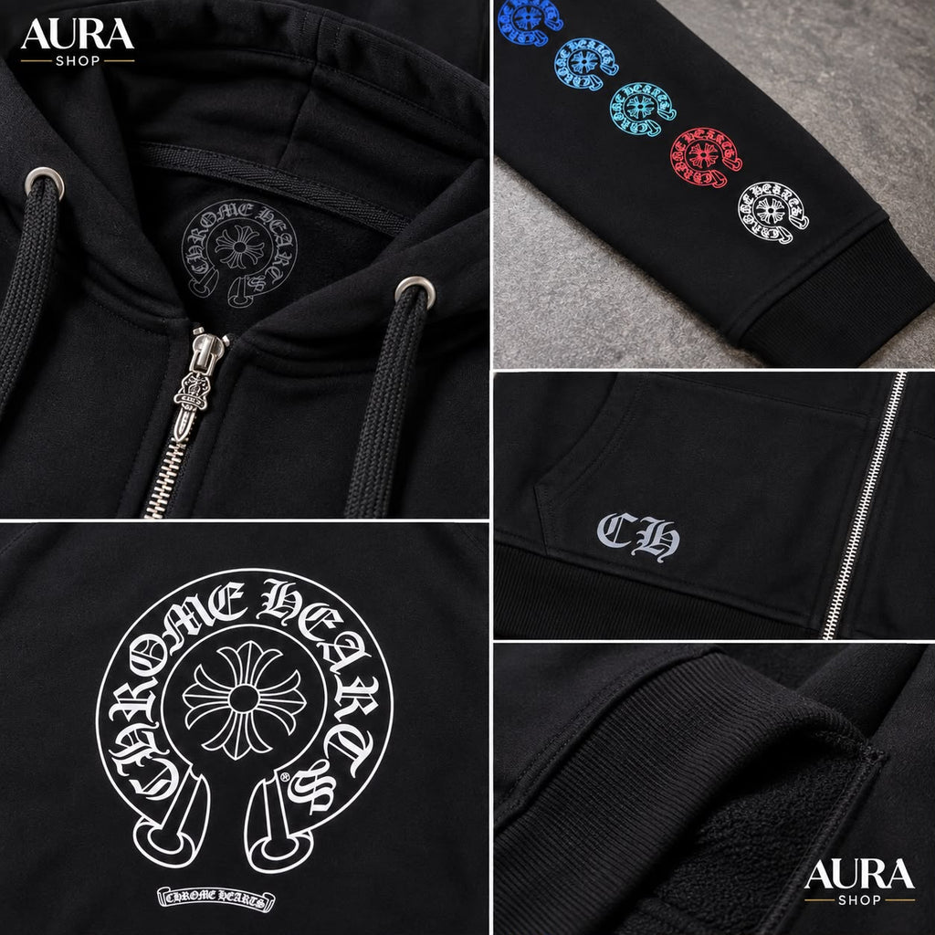 Chrome Hearts Multicolor Sleeve Logo Horseshoe Zip Hoodie – Black