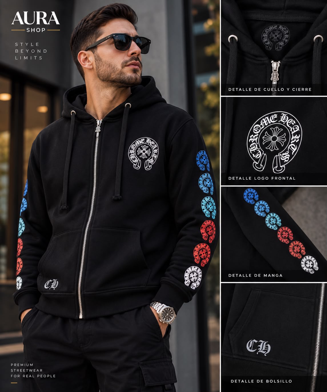 Chrome Hearts Multicolor Sleeve Logo Horseshoe Zip Hoodie – Black