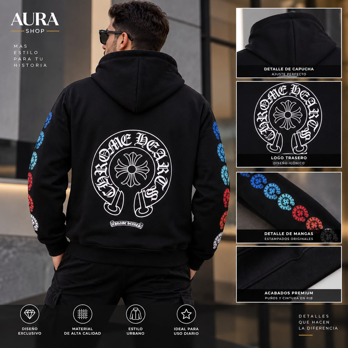 Chrome Hearts Multicolor Sleeve Logo Horseshoe Zip Hoodie – Black