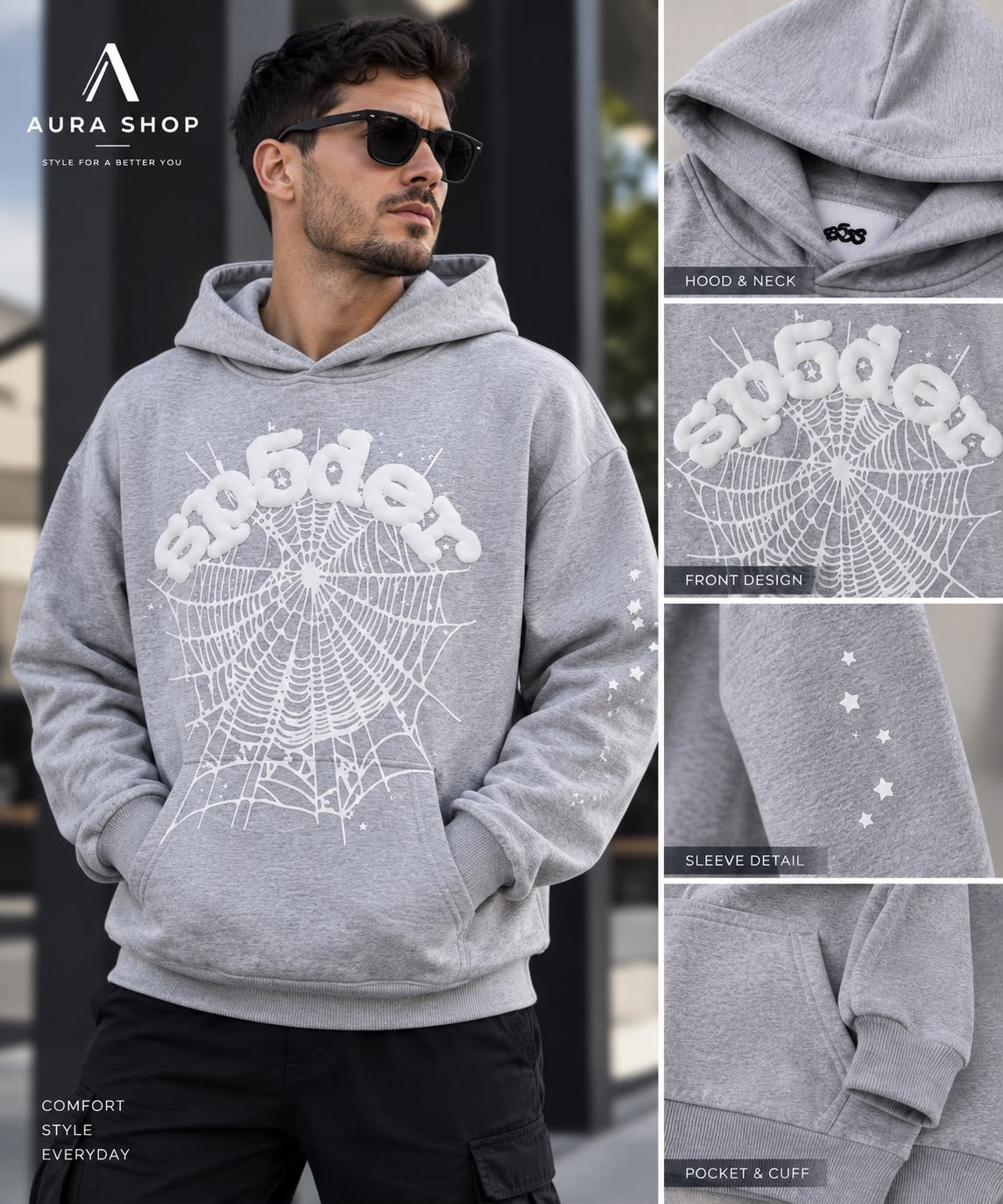 Sp5der OG Web Hoodie – Heather Grey