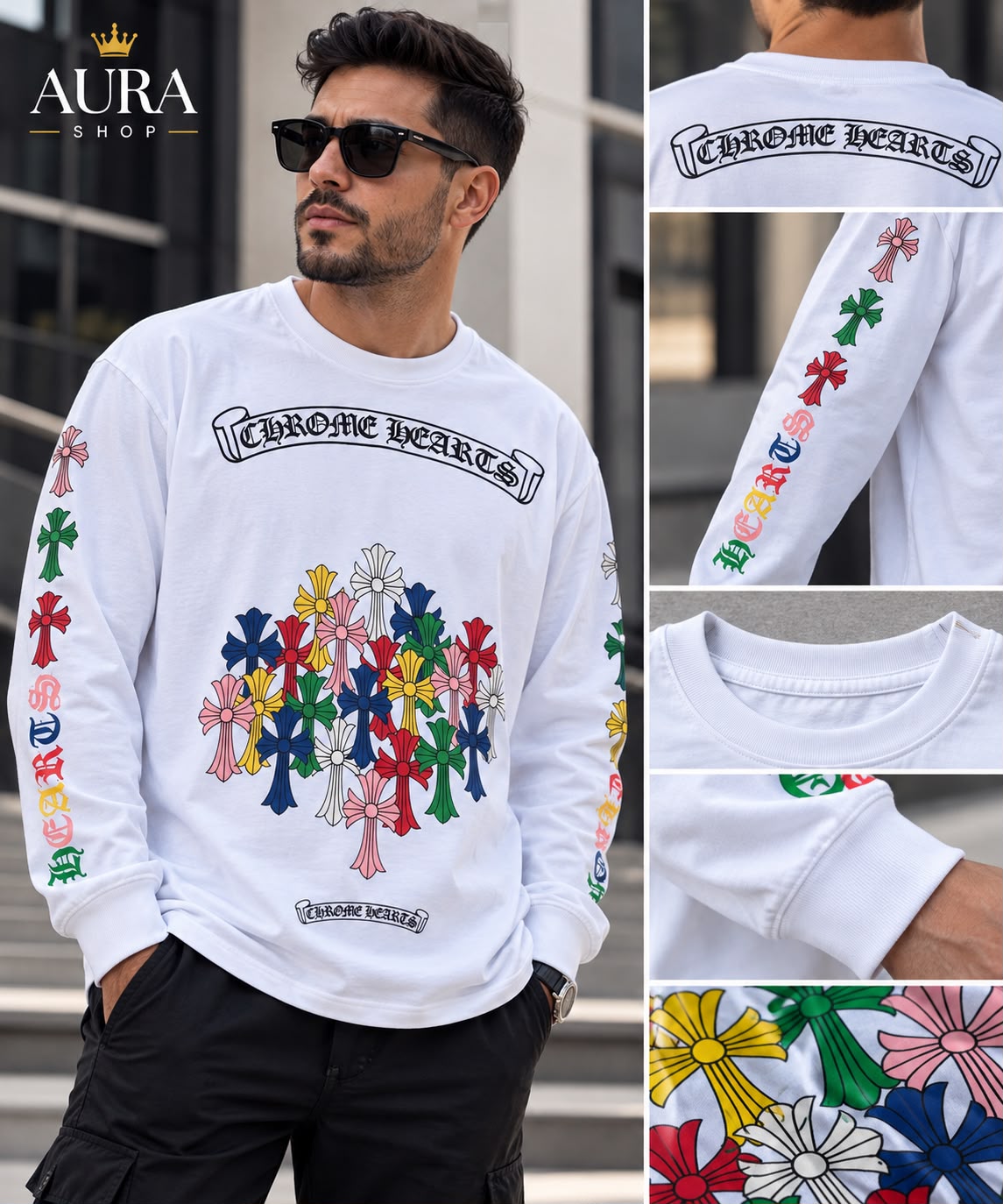 Chrome Hearts Multi Color Cross Cemetery Long-Sleeve T-Shirt – White