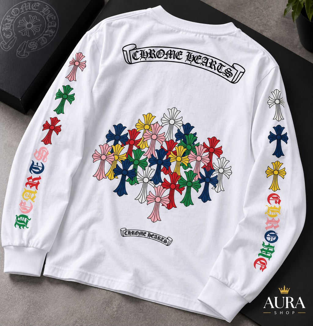 Chrome Hearts Multi Color Cross Cemetery Long-Sleeve T-Shirt – White