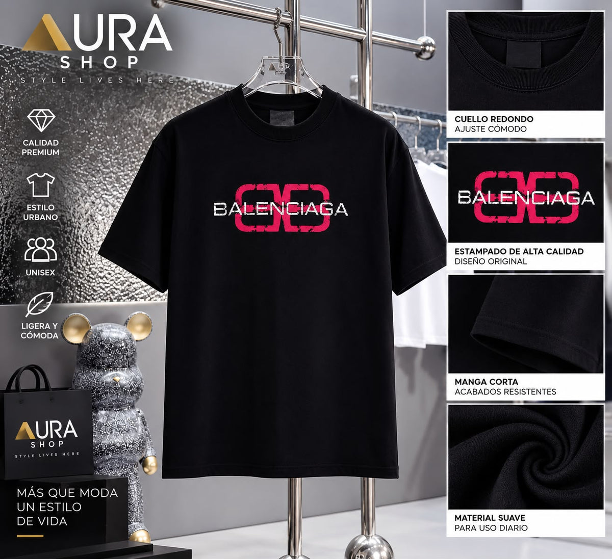 Camiseta Negra BALENCIA con Stencil Streetwear