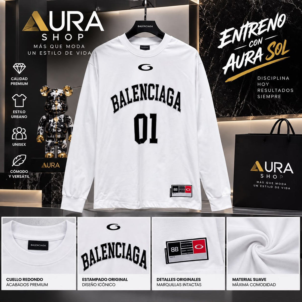 Camiseta Blanca Manga Larga 01 Arch Logo Streetwear