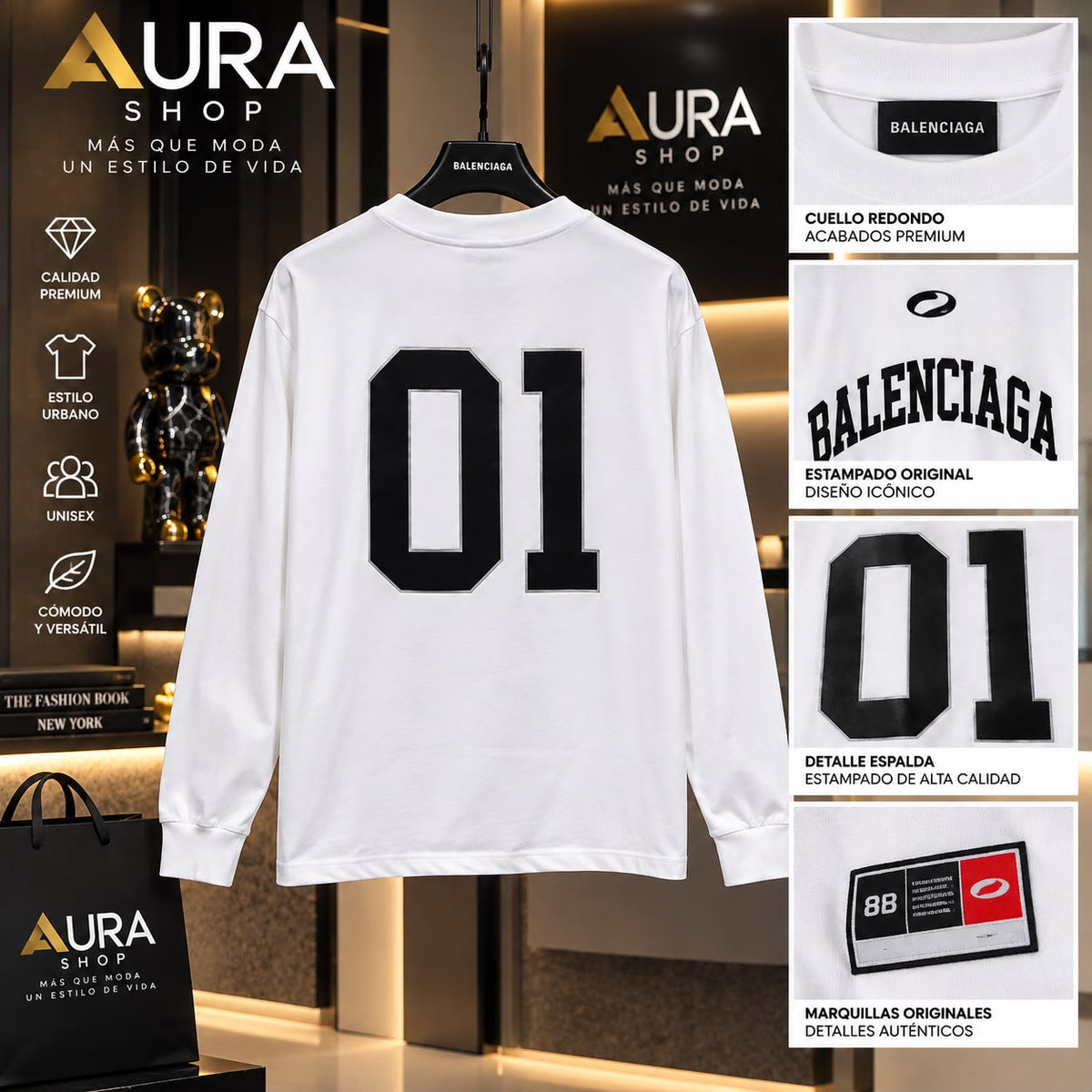 Camiseta Blanca Manga Larga 01 Arch Logo Streetwear