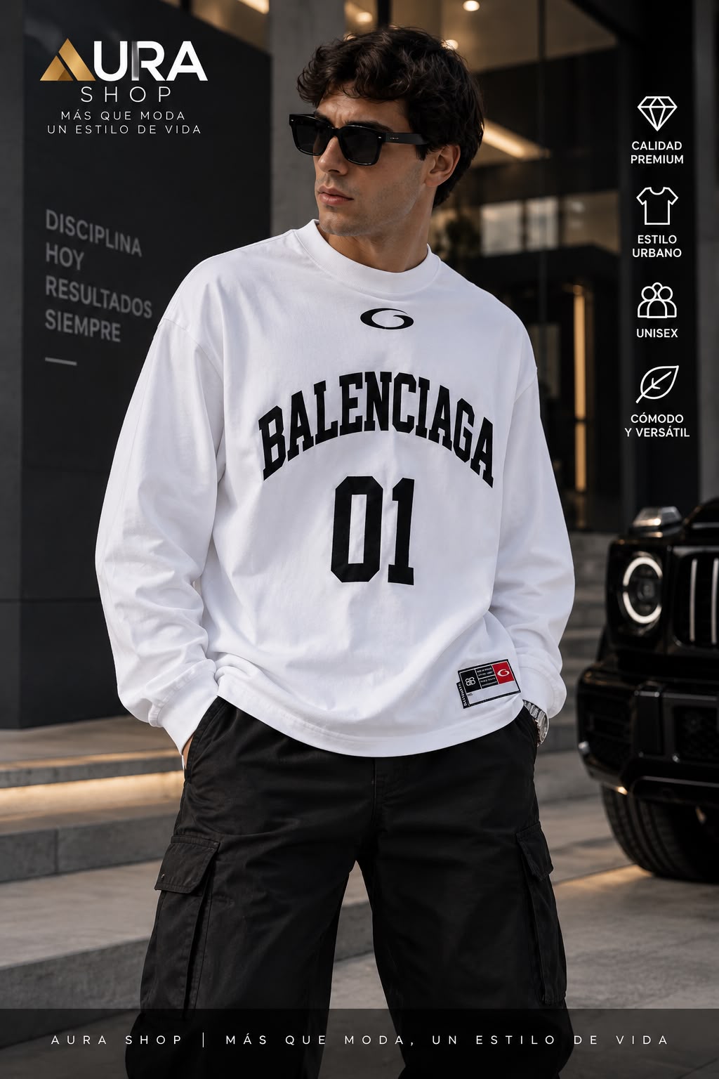 Camiseta Blanca Manga Larga 01 Arch Logo Streetwear